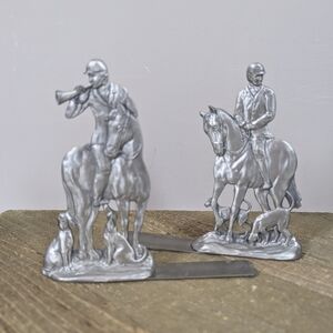 Seagull Pewter Equestrian Bookends — Horse & Rider Fox Hunt Scene, Canada Made